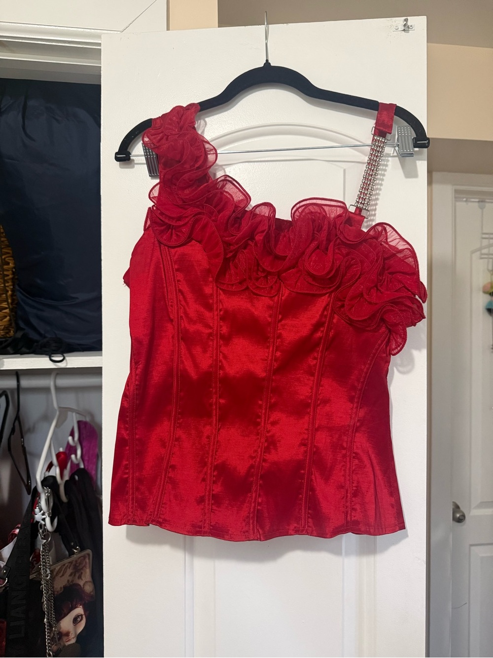 Hot Topic Red One-Shoulder Ruffle Satin Corset Top with Rhinestone Strap